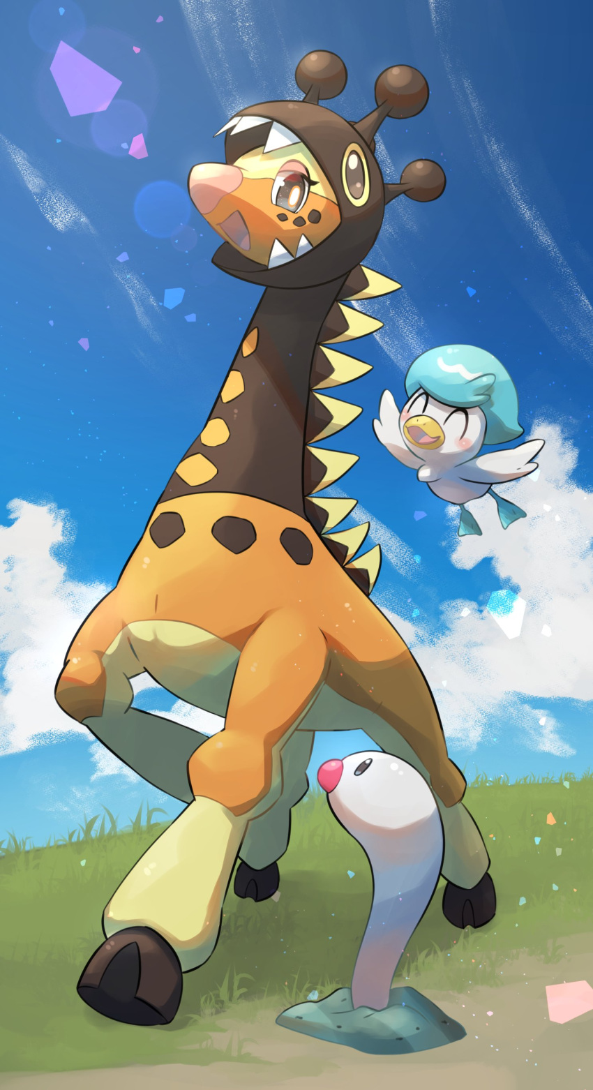 :d absurdres bright_pupils clouds day farigiraf flying full_body grass happy highres no_humans nullma open_mouth outdoors pokemon pokemon_(creature) pokemon_(game) pokemon_sv quaxly sharp_teeth smile standing teeth white_pupils wiglett