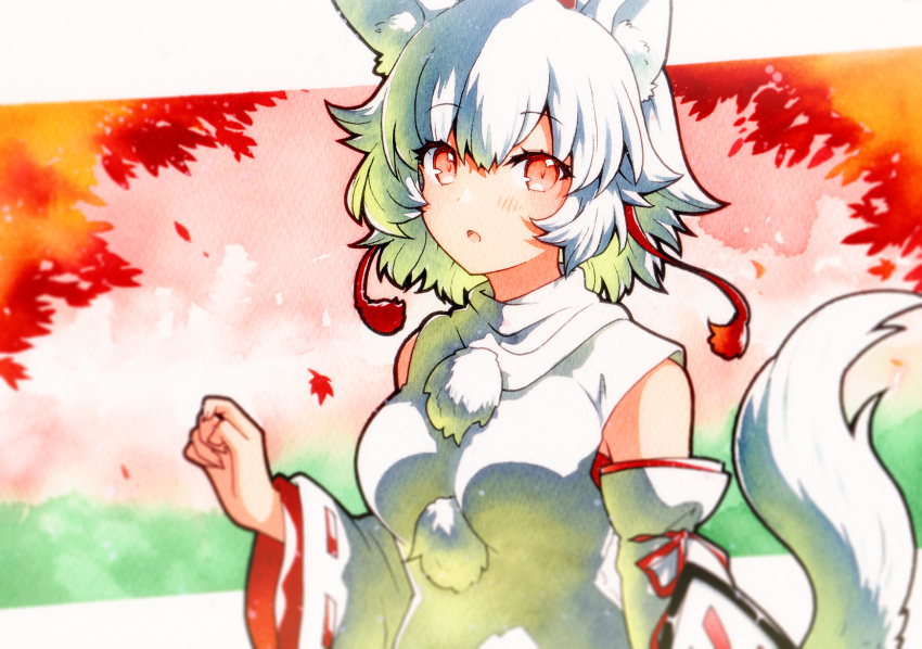 1girl animal_ears breasts detached_sleeves english_commentary highres inubashiri_momiji leaf looking_at_viewer maple_leaf open_mouth outdoors painting_(medium) pom_pom_(clothes) qqqrinkappp red_eyes short_hair solo tail touhou traditional_media upper_body watercolor_(medium) white_hair wide_sleeves wolf_ears wolf_girl wolf_tail