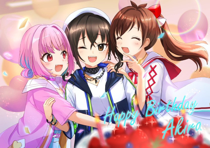 #unicus_(idolmaster) 3girls absurdres ahoge balloon bangs belt birthday_cake black_hair blue_hair blue_skirt blurry blurry_background blurry_foreground brown_eyes brown_hair cake closed_eyes commentary crossed_bangs english_text floating_hair food fruit glint hair_between_eyes hair_intakes hand_up hands_on_another's_shoulders hands_up happy_birthday hat heart heart_balloon high-waist_skirt highres hood hood_down hoodie idolmaster idolmaster_cinderella_girls jewelry looking_at_viewer multicolored_hair multiple_girls necklace one_eye_closed open_clothes open_hoodie open_mouth pink_hair ponytail raised_eyebrows sharp_teeth shiny shiny_hair shirt shirt_tucked_in short_sleeves skirt strawberry sunazuka_akira teeth tsujino_akari two-tone_hair upper_body v-shaped_eyebrows white_shirt yaminabe_(szhal14) yumemi_riamu