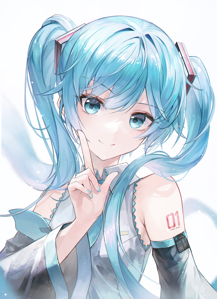1girl absurdres aqua_hair aqua_necktie bangs bare_shoulders blue_eyes blue_hair blue_nails blush closed_mouth collared_shirt crystalherb detached_sleeves hair_ornament hatsune_miku highres long_hair looking_at_viewer necktie number_tattoo shirt sleeveless sleeveless_shirt smile solo tattoo twintails upper_body vocaloid white_shirt