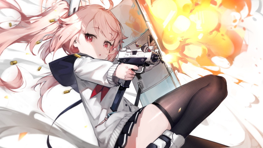 1girl ballistic_shield black_skirt blue_archive blue_sailor_collar cardigan explosion fire firing gun hair_ornament hairclip halo highres holding holding_gun holding_weapon knee_up libiadan long_hair long_sleeves looking_at_viewer natsu_(blue_archive) neckerchief open_mouth pink_eyes pink_hair pleated_skirt red_neckerchief sailor_collar shell_casing side_ponytail skirt smoke solo triangle_mouth very_long_hair weapon weapon_request white_background white_cardigan
