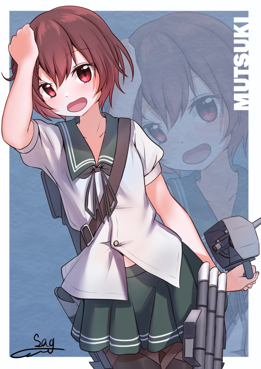 1girl absurdres adapted_turret black_pantyhose black_ribbon brown_hair cannon character_name commentary_request cowboy_shot gradient_hair green_sailor_collar green_skirt hand_on_own_head highres holding holding_hair kantai_collection looking_at_viewer machinery multicolored_hair mutsuki_(kancolle) neck_ribbon open_mouth pantyhose redhead ribbon sailor_collar school_uniform serafuku shirasagi-shi short_hair signature skirt solo torpedo_launcher turret zoom_layer