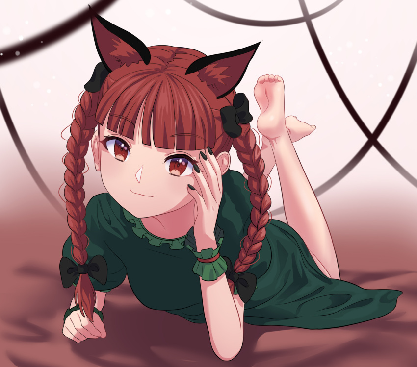 1girl animal_ears bangs barefoot black_bow black_nails bow braid cat_ears dress green_dress hair_bow highres kaenbyou_rin lying nail_polish on_stomach red_eyes redhead soles solo tail the_pose toes touhou twin_braids yumao_(pixiv67293310)