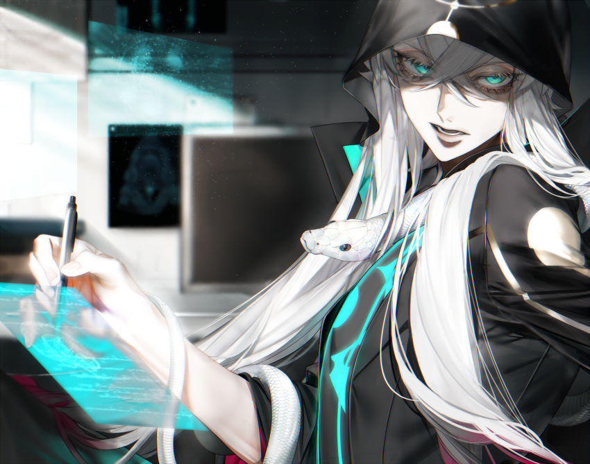 1boy animal_on_arm aqua_eyes asclepius_(fate) au_(d_elite) bangs chromatic_aberration crossed_bangs eyes_visible_through_hair fate/grand_order fate_(series) gradient_hair hair_between_eyes highres holding holding_pen holographic_interface hood hood_up indoors light_particles long_hair looking_at_viewer male_focus monitor multicolored_hair open_mouth pen redhead sanpaku sidelocks snake solo very_long_hair white_hair white_snake