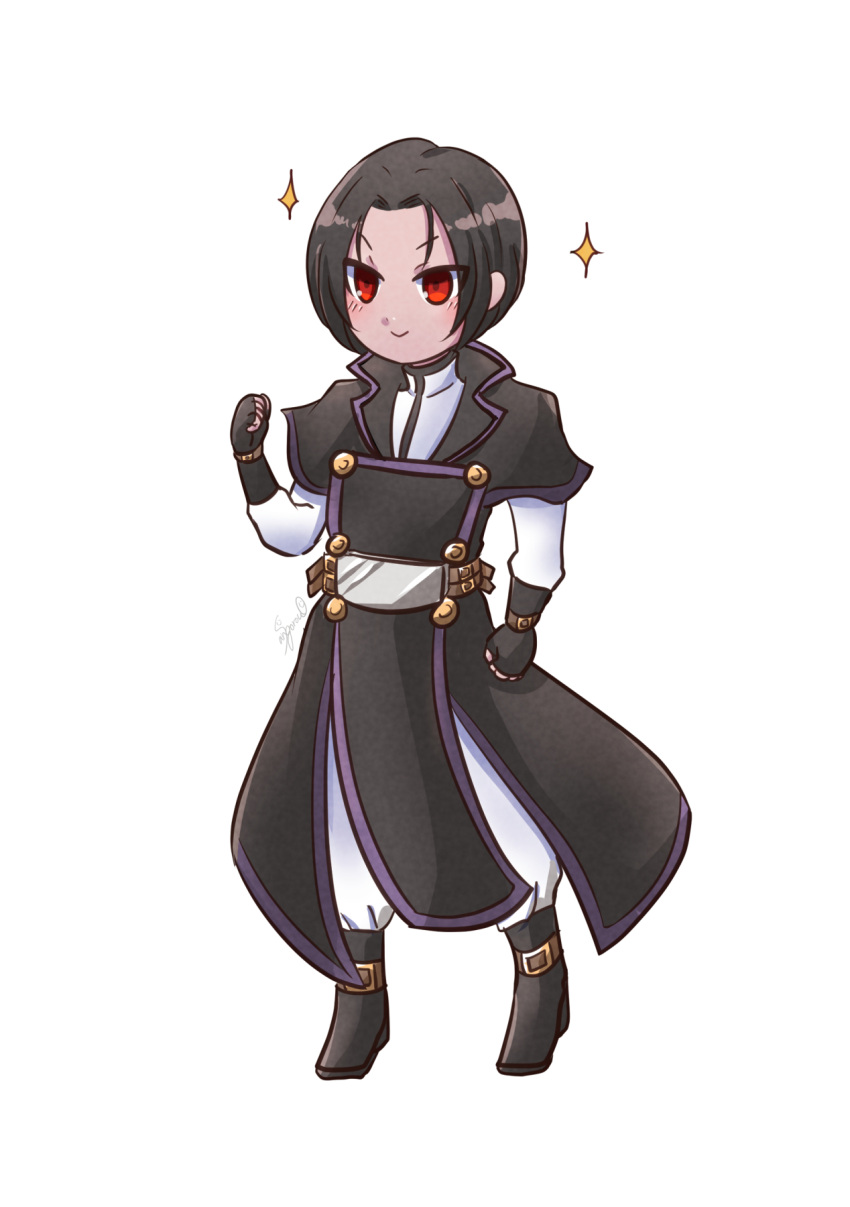 1other alternate_costume alternate_hair_length alternate_hairstyle black_hair boots full_body gloves guilty_gear highres red_eyes san5ro short_hair testament_(guilty_gear)