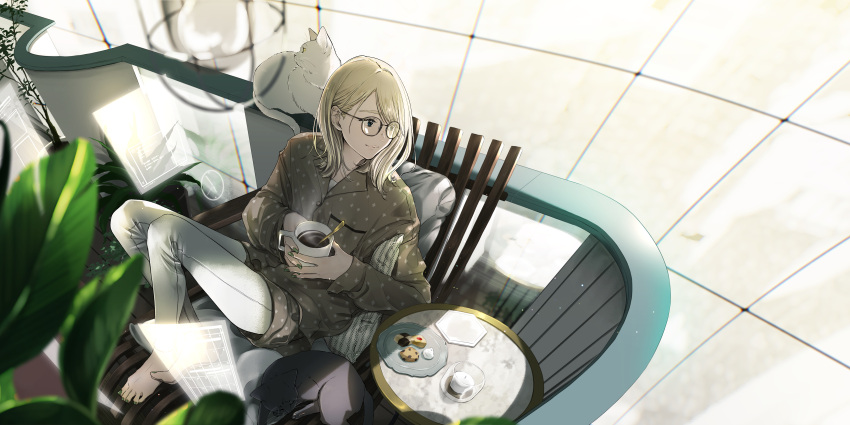 1girl absurdres animal black_cat blonde_hair blurry blurry_foreground candle cat coffee cookie denim food glasses highres holographic_interface jeans light_smile maeda_mic medium_hair nail_polish no_shoes original pants plant potted_plant sitting white_cat