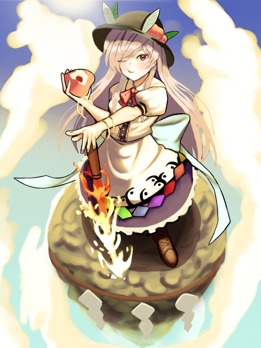 1girl black_headwear blue_hair blue_sky bow bowtie brown_footwear closed_mouth clouds eating food fruit full_body highres hinanawi_tenshi holding holding_food holding_fruit keystone long_hair looking_at_viewer one_eye_closed outdoors peach puffy_short_sleeves puffy_sleeves rainbow_order red_bow red_bowtie red_eyes short_sleeves sky solo standing sword_of_hisou touhou turtle-kun