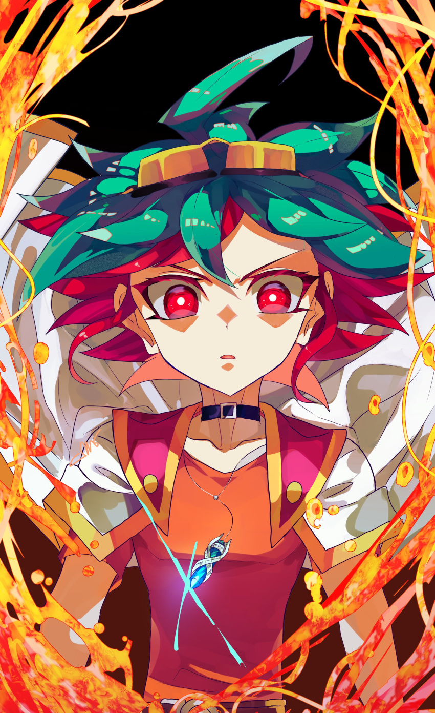 1boy :o absurdres ahoge bangs cosmos_mrst dyed_bangs fire floating_hair glowing glowing_eyes goggles goggles_on_head green_hair hair_between_eyes highres jacket jacket_on_shoulders jewelry male_focus multicolored_hair open_clothes pendant red_eyes redhead sakaki_yuuya short_hair solo two-tone_hair upper_body wide-eyed wind yu-gi-oh! yu-gi-oh!_arc-v