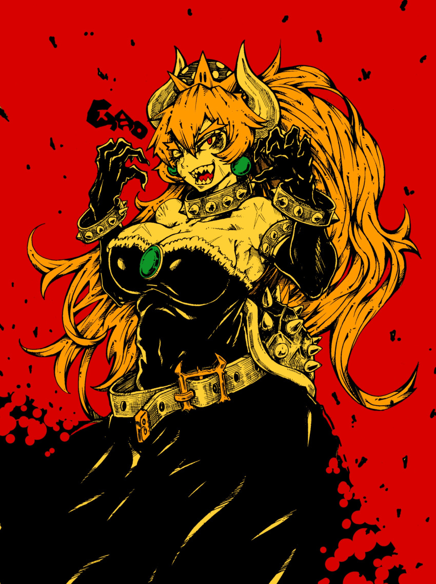 1girl absurdres armlet belt black_collar black_dress black_leotard bowser bowsette bracelet breasts collar dark_skin dress earrings fingernails highres horns jewelry leotard long_hair looking_at_viewer muscular nehitsuji_(syatihokoga) new_super_mario_bros._u_deluxe nintendo one_eye_closed orange_hair red_background red_eyes scar sharp_fingernails sharp_teeth solo spiked_armlet spiked_bracelet spiked_collar spiked_shell spikes strapless strapless_dress strapless_leotard super_crown super_mario_bros. teeth turtle_shell