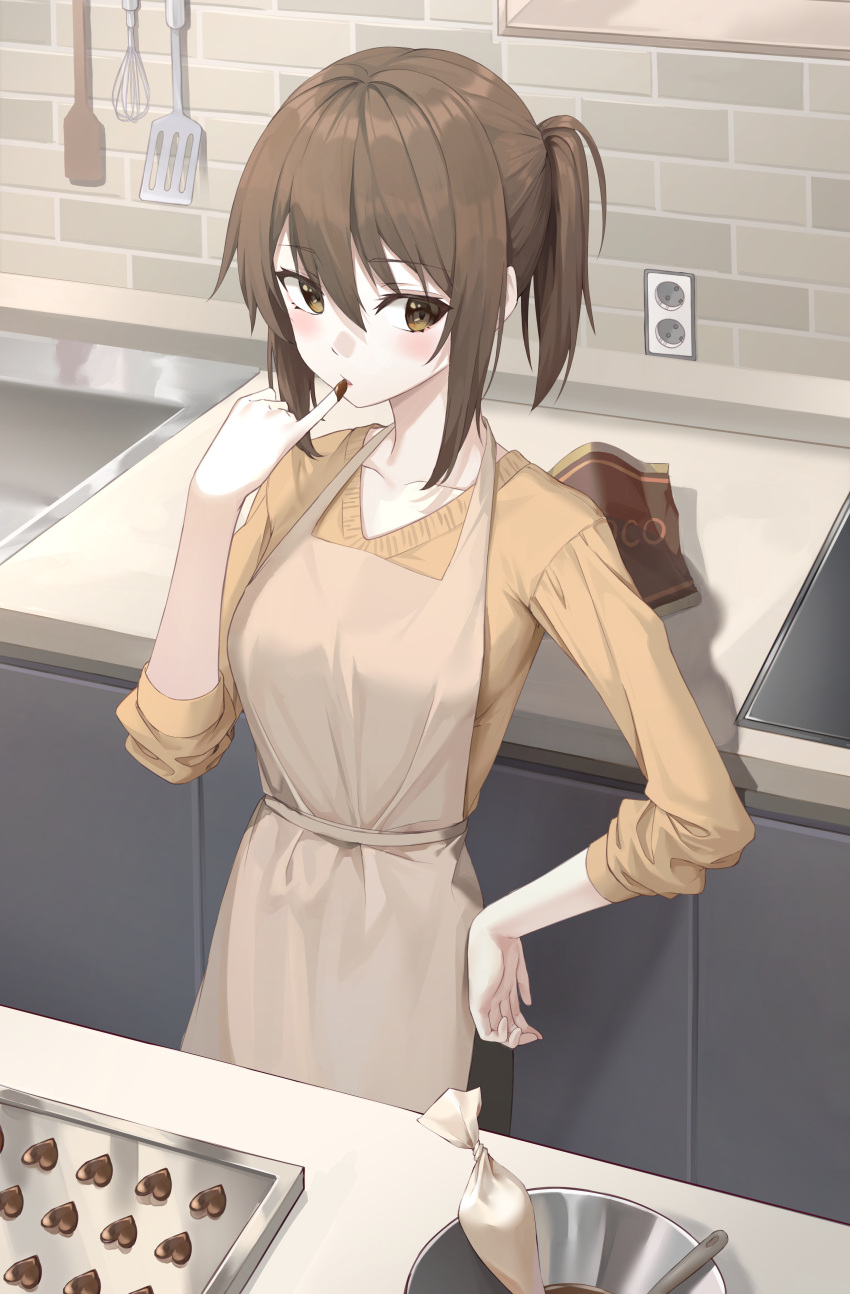 1girl absurdres apron bag bangs black_pants bowl breasts brick_wall brown_eyes brown_hair cabinet candy chocolate chocolate_making chocolate_on_hand collarbone commentary electrical_outlet food food_on_hand hair_between_eyes hand_on_hip hand_up heart heart-shaped_chocolate highres indoors kitchen light_blush looking_to_the_side mixing_bowl moon_(restire) open_hand original pants parted_lips pastry_bag pinky_out shadow shirt short_hair short_ponytail sidelocks sideways_glance sink sleeves_past_elbows sleeves_rolled_up solo spatula standing sweatshirt table tasting v-neck valentine wall whisk yellow_shirt