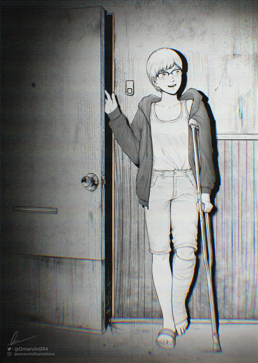 1girl absurdres capri_pants chainsaw_man commentary crutch door english_commentary glasses highres hood hoodie leg_cast marvin_(omarvin) open_mouth over-rim_eyewear pants sandals semi-rimless_eyewear short_hair signature smile solo spoilers twitter_username vhs_artifacts yuko_(chainsaw_man)