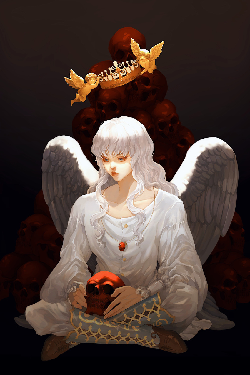 1boy absurdres angel angel_wings behelit berserk blue_eyes boots caramiabbb collarbone commentary commentary_request crossed_legs crown feathered_wings griffith_(berserk) highres holding holding_crown holding_skull jewelry long_hair male_focus necklace pile_of_skulls shirt sitting skull white_hair white_shirt wings
