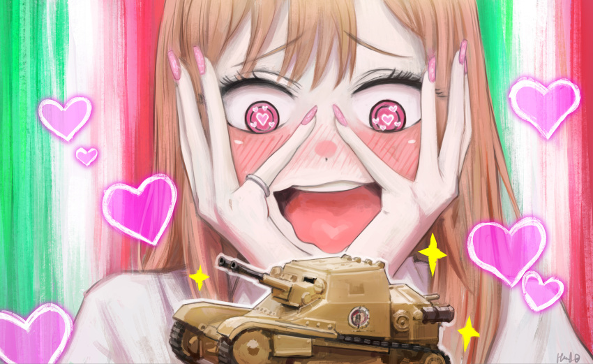 1girl absurdres blonde_hair blush carro_veloce_cv-33 elvafirst fake_nails ground_vehicle heart heart_in_eye highres italian_flag jewelry kitagawa_marin military military_vehicle motor_vehicle pink_eyes pink_nails ring signature solo sono_bisque_doll_wa_koi_wo_suru sparkle symbol_in_eye tank upper_body