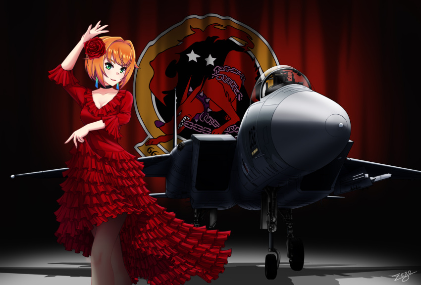 1girl ace_combat ace_combat_zero aircraft airplane breasts canopy_(aircraft) dress f-15_eagle fighter_jet flower galm_team hair_flower hair_intakes hair_ornament highres jet medium_breasts military military_vehicle nico_minamoto orange_hair project_gen2 red_dress red_flower short_hair solo standing virtual_youtuber zero_(73ro)