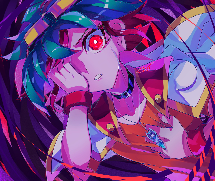 1boy absurdres ahoge bangs cosmos_mrst covering_one_eye dutch_angle dyed_bangs glowing glowing_eyes goggles goggles_on_head green_hair hair_between_eyes hand_on_own_chest highres jacket jacket_on_shoulders jewelry male_focus multicolored_hair open_clothes pendant red_eyes redhead sakaki_yuuya shirt_grab short_hair solo tears two-tone_hair upper_body wide-eyed yu-gi-oh! yu-gi-oh!_arc-v