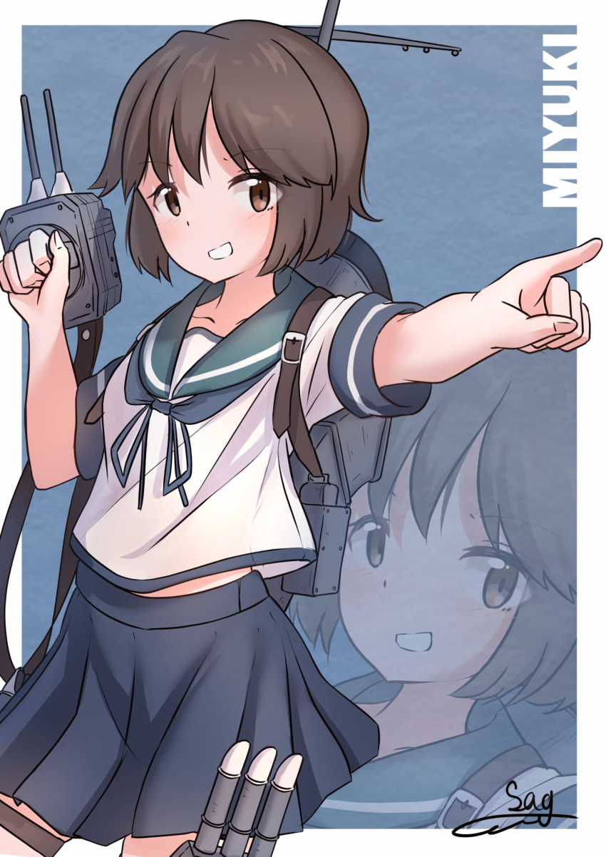 1girl absurdres adapted_turret black_hair blue_neckerchief blue_sailor_collar blue_skirt brown_eyes brown_hair cannon character_name commentary_request contrail cowboy_shot grin highres kantai_collection looking_at_viewer machinery miyuki_(kancolle) neckerchief pointing sailor_collar school_uniform serafuku shirasagi-shi short_hair skirt smile solo turret zoom_layer