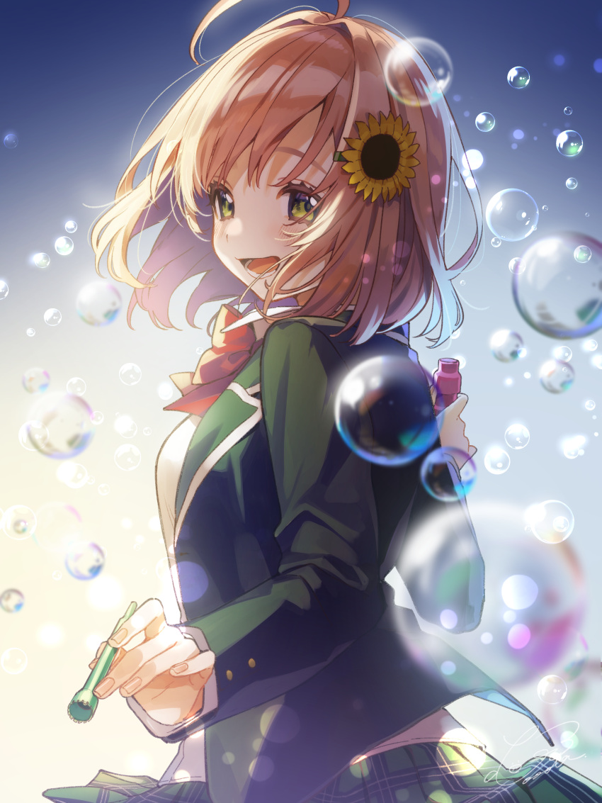 1girl :d absurdres ahoge blurry blurry_foreground booota bow breasts brown_hair bubble bubble_wand commentary depth_of_field eyebrows_hidden_by_hair flower green_eyes green_jacket green_skirt hair_flower hair_intakes hair_ornament hairclip highres holding honma_himawari jacket looking_at_viewer looking_back nijisanji open_clothes open_jacket plaid plaid_skirt pleated_skirt red_bow shirt skirt small_breasts smile solo sunflower sunflower_hair_ornament symbol-only_commentary thick_eyebrows virtual_youtuber white_shirt yellow_flower
