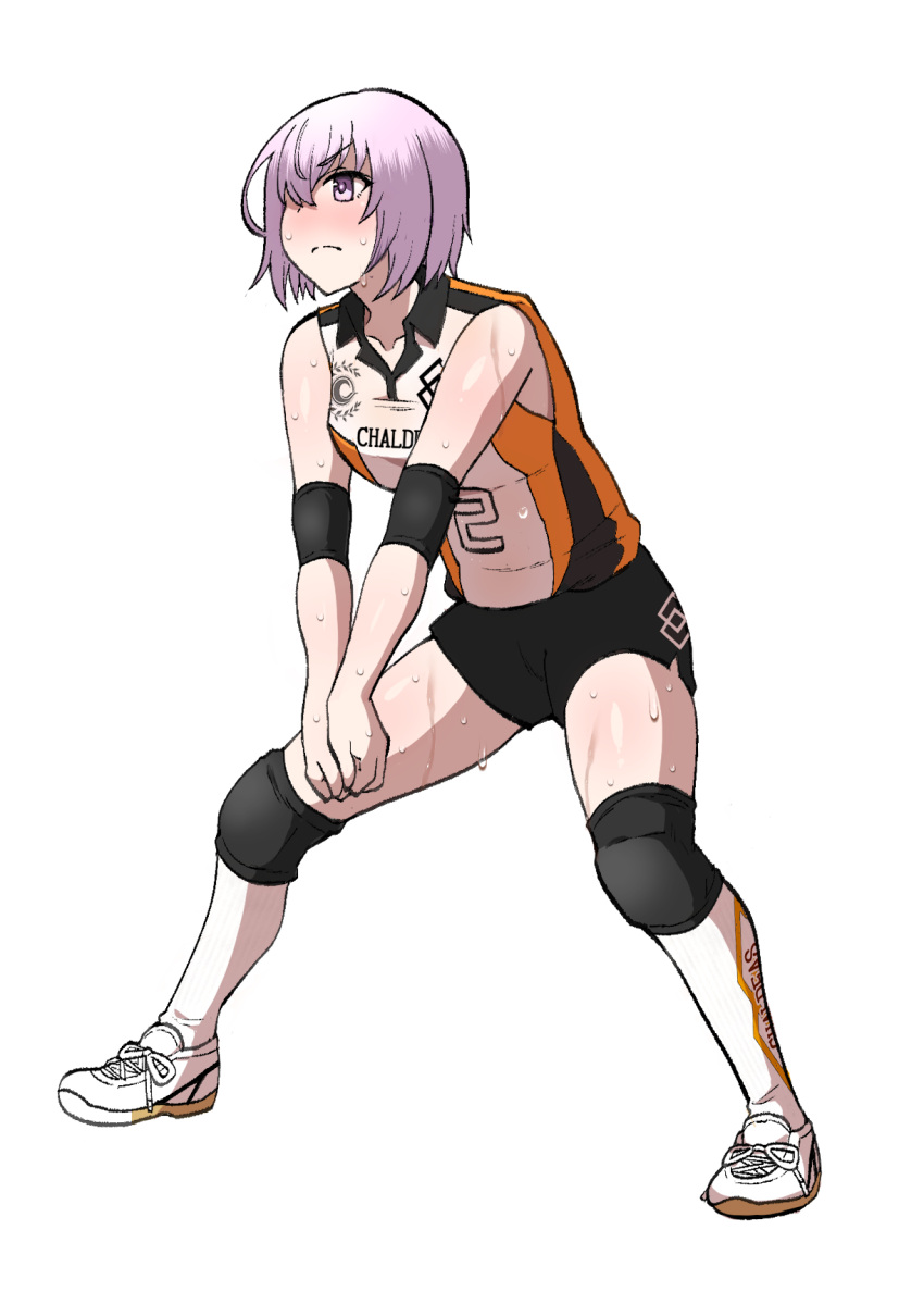 1girl bangs breasts burningsushi closed_mouth collared_shirt fate/grand_order fate_(series) hair_over_one_eye highres knee_pads kneehighs leaning_forward looking_up mash_kyrielight own_hands_together purple_hair serious shirt shoes short_hair shorts sidelocks simple_background sleeveless small_breasts socks sportswear squatting sweat sweaty_clothes uniform violet_eyes volleyball volleyball_uniform white_background