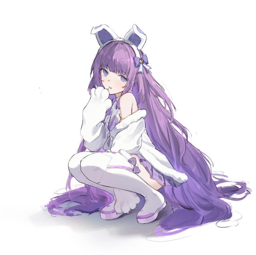 1girl absurdly_long_hair absurdres animal_ears azur_lane bangs bear_paws blue_bow blue_eyes boots bow commentary_request fake_animal_ears fake_claws flantia full_body fur-trimmed_jacket fur_trim hair_bow hairband hand_to_own_mouth head_tilt highres idol_clothes jacket long_hair off_shoulder open_mouth plaid plaid_skirt pleated_skirt purple_hair purple_skirt sidelocks skirt solo squatting tashkent_(azur_lane) tashkent_(muse)_(azur_lane) thigh_boots thighs very_long_hair white_footwear white_jacket zettai_ryouiki