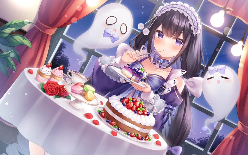 1girl bare_shoulders black_hair blush breasts dress flower food ghost hair_ornament holding holding_food indoors lolita_fashion long_hair looking_at_viewer original shiono_(0303) table violet_eyes