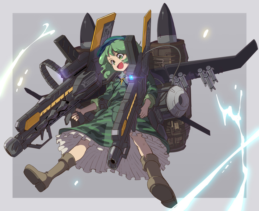 1girl ammunition aqua_headwear boots border brown_footwear camouflage camouflage_jacket camouflage_skirt flat_cap full_body green_eyes green_hair green_jacket green_skirt grey_background grey_border gun hat holding holding_weapon jacket key long_sleeves missile open_mouth shope short_hair simple_background skirt solo touhou weapon wings yamashiro_takane