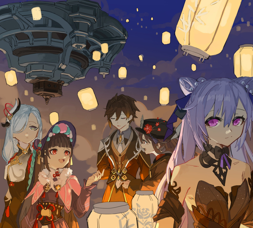 1boy 4girls absurdres bangs black_dress black_hair black_headwear blue_eyes blunt_bangs bonnet bow_choker braid brown_bodysuit brown_hair capelet chinese_clothes closed_eyes coat collared_coat cone_hair_bun double_bun dress eyeshadow flower fur-trimmed_capelet fur_trim genshin_impact glowing hair_bun hair_ears hair_over_one_eye hand_up hat hat_flower hat_ornament highres hime_cut hu_tao_(genshin_impact) jade_chamber_(genshin_impact) keqing_(genshin_impact) keqing_(opulent_splendor)_(genshin_impact) kurattes lantern light lolita_fashion long_hair makeup mixed-language_commentary multicolored_clothes multicolored_headwear multiple_girls night official_alternate_costume official_alternate_hairstyle one_eye_covered open_mouth paper_lantern pink_capelet plum_blossoms porkpie_hat purple_hair qi_lolita red_eyes red_eyeshadow red_shirt shenhe_(genshin_impact) shirt sidelocks sky sky_lantern smile strapless strapless_dress twintails violet_eyes yun_jin_(genshin_impact) zhongli_(genshin_impact)