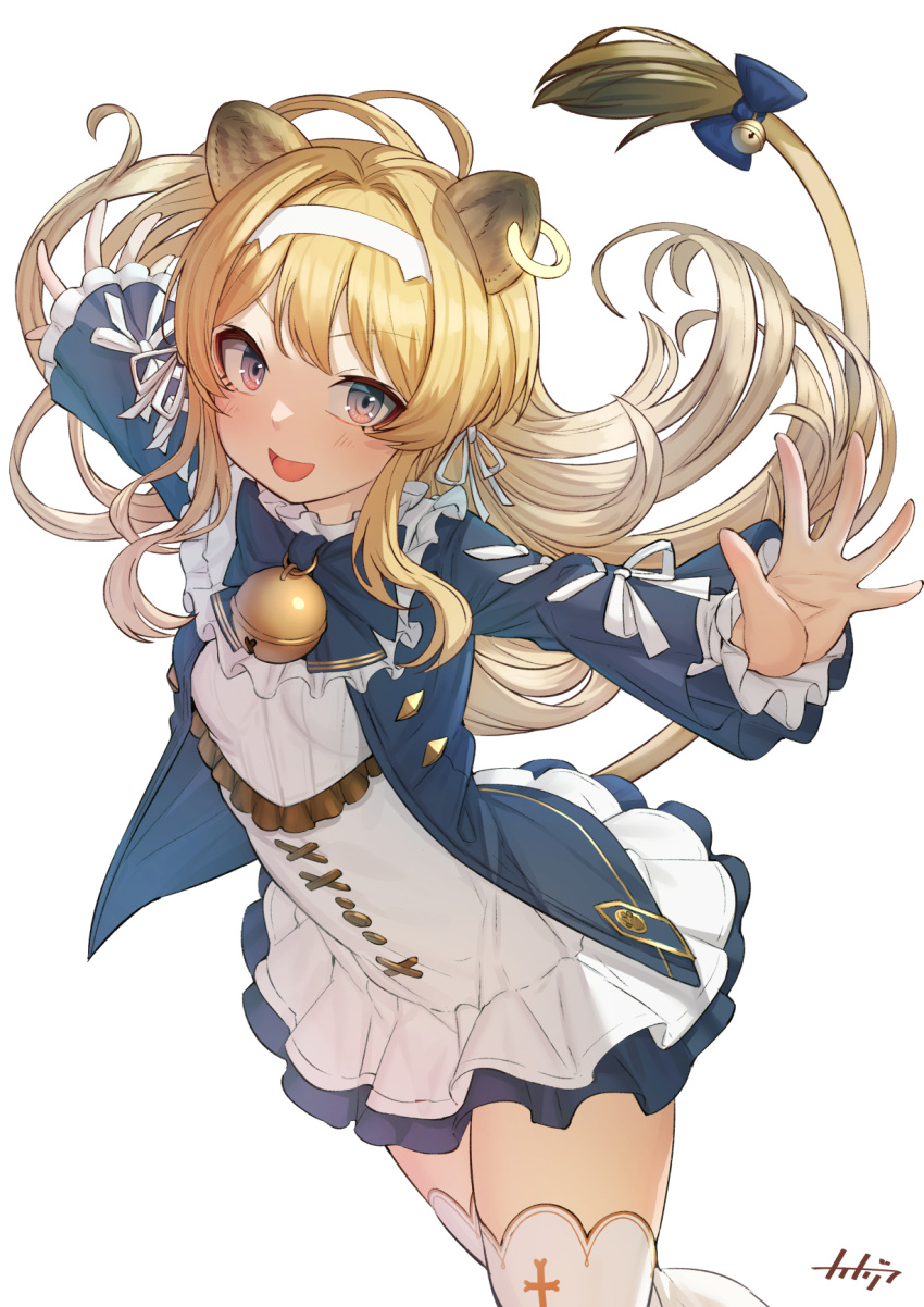 1girl animal_ears arpeggio_kaga bangs bell blonde_hair cowboy_shot dress from_above hairband highres jingle_bell lion_ears lion_girl lion_tail long_hair long_sleeves looking_at_viewer multicolored_eyes noripro open_hands open_mouth outstretched_arms regrush_lionheart short_dress simple_background smile solo swept_bangs tail tail_bell tail_ornament thigh-highs virtual_youtuber white_background zettai_ryouiki