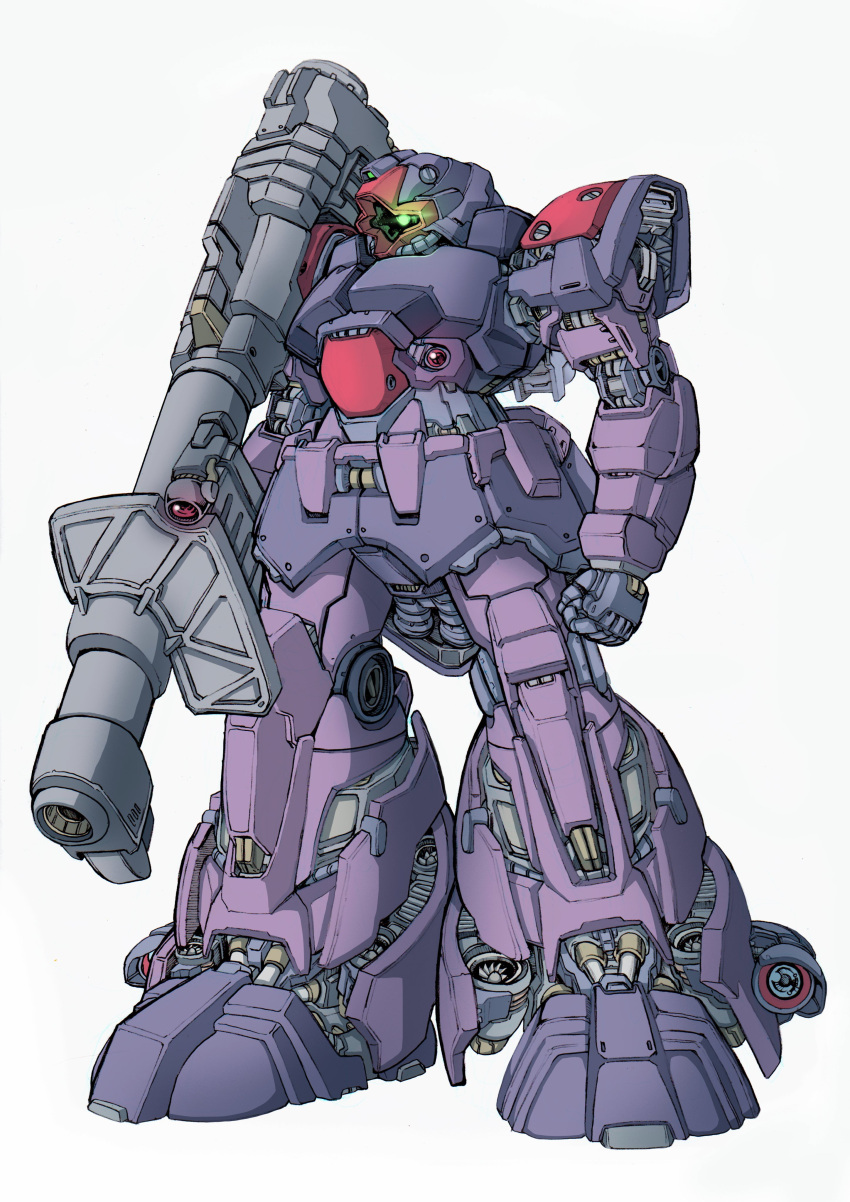 absurdres bazooka_(gundam) clenched_hand dom green_eyes grey_background gun gundam highres holding holding_gun holding_weapon looking_at_viewer mecha mobile_suit mobile_suit_gundam no_humans one-eyed robot science_fiction skyeyteng solo weapon