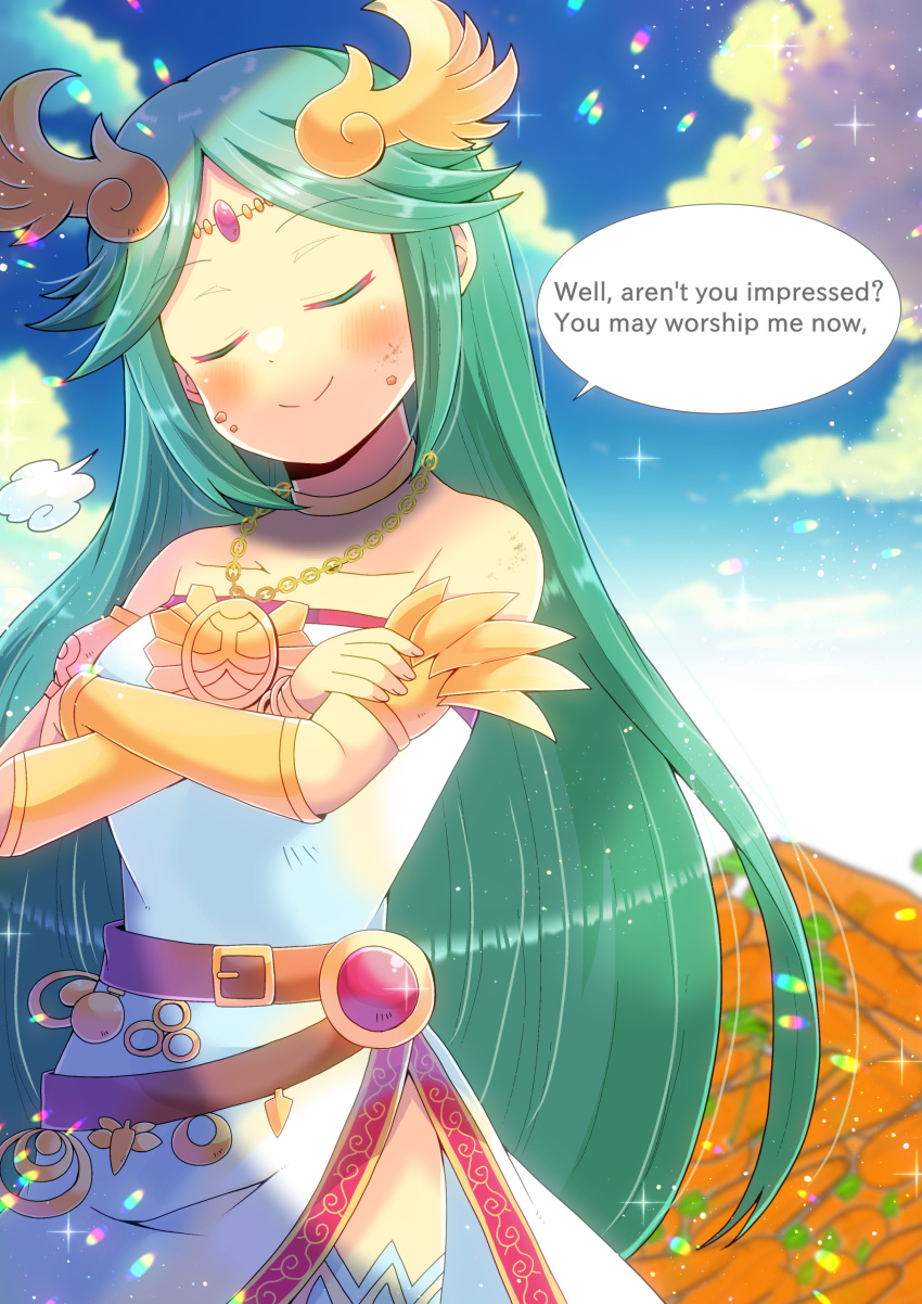 1girl bare_shoulders carrot closed_eyes commissioner_upload crossed_arms doyagao english_text food_on_face green_hair humor kid_icarus_uprising kou_hiyoyo long_dress necklace palutena palutena's_revolting_dinner parted_bangs side_slit sidelocks single_thighhigh skeb_commission sleeveless_dress smile smug solo solo_female speech_bubble strapless_dress very_long_hair white_dress white_thighhighs