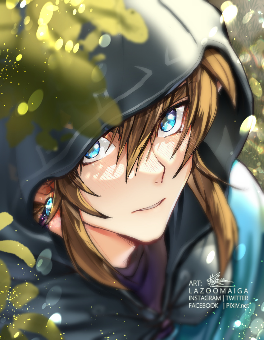 1boy artist_name black_cape blonde_hair blue_eyes blue_shirt blurry blurry_background blurry_foreground blush cape earrings from_above highres hood hood_up hooded_cape jewelry lazoomaiga link looking_up male_focus medium_hair outdoors plant portrait shirt solo the_legend_of_zelda the_legend_of_zelda:_breath_of_the_wild