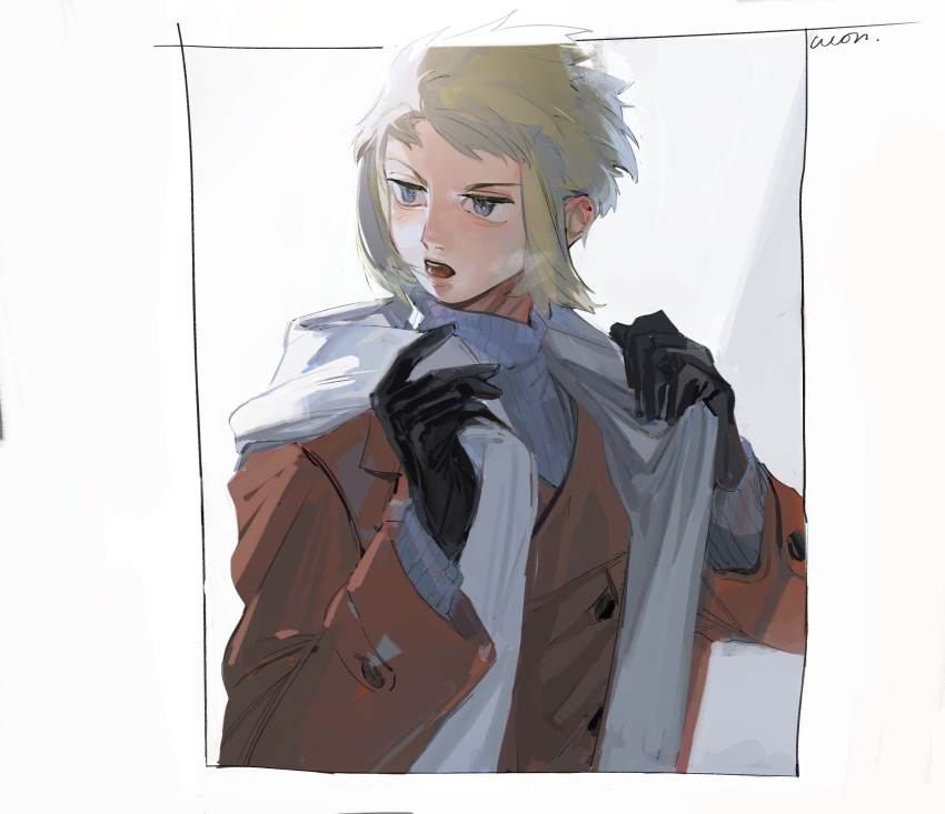 1boy absurdres black_gloves blonde_hair border breath coat commentary_request gloves grey_eyes hands_up highres l_1753ucon long_sleeves looking_to_the_side male_focus open_mouth pokemon pokemon_(game) pokemon_dppt scarf short_hair signature solo sweater teeth upper_body volkner_(pokemon) white_border