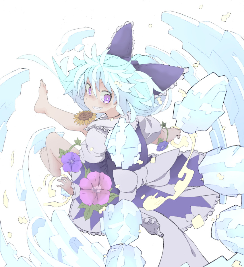 1girl absurdres alternate_eye_color back_bow barefoot blue_bow blue_dress blue_hair bow cirno detached_wings dress flower frilled_bow frilled_dress frills from_behind full_body guwinomi hair_between_eyes hair_bow highres ice ice_wings large_bow leaf looking_at_viewer looking_back medium_hair open_mouth pinafore_dress pink_flower puffy_short_sleeves puffy_sleeves purple_flower shirt short_sleeves solo sunflower tanned_cirno teeth touhou violet_eyes white_bow white_shirt wings yellow_flower