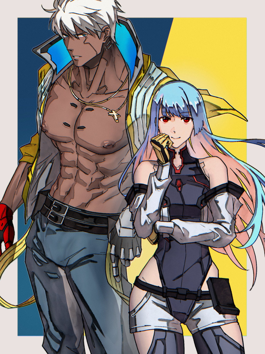 1boy 1girl abs belt black_leotard blue_background blue_eyes blue_hair blue_pants border closed_mouth cosplay cross cross_necklace cyberpunk_(series) cyberpunk_edgerunners dark-skinned_male dark_skin david_martinez david_martinez_(cosplay) detached_sleeves english_commentary gloves highres jacket jewelry k'_(kof) kula_diamond large_pectorals leotard long_hair looking_at_viewer lucy_(cyberpunk) lucy_(cyberpunk)_(cosplay) navel necklace nipples pants parted_lips pectorals red_eyes short_hair smile standing syachiiro the_king_of_fighters white_border white_hair yellow_background yellow_gloves yellow_jacket