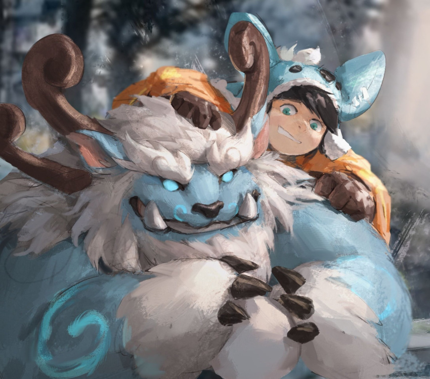 1boy bangs black_hair brown_gloves child colored_sclera colored_skin forest gloves green_sclera green_skin grey_eyes grin highres hood hood_up horns league_of_legends lindong long_sleeves male_child male_focus nature no_pupils nunu_(league_of_legends) open_mouth outdoors smile snow snowball teeth tree willump yeti_(creature)