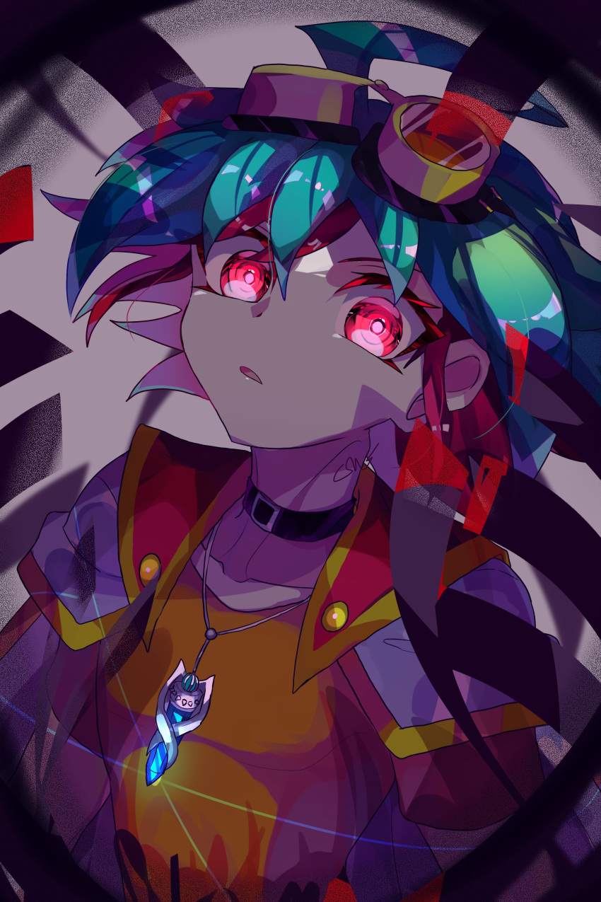 1boy absurdres ahoge bangs cosmos_mrst dyed_bangs glowing glowing_eyes goggles goggles_on_head green_hair hair_between_eyes highres jacket jacket_on_shoulders jewelry looking_at_viewer male_focus multicolored_hair open_clothes pendant portrait red_eyes redhead sakaki_yuuya short_hair solo two-tone_hair upper_body wide-eyed yu-gi-oh! yu-gi-oh!_arc-v