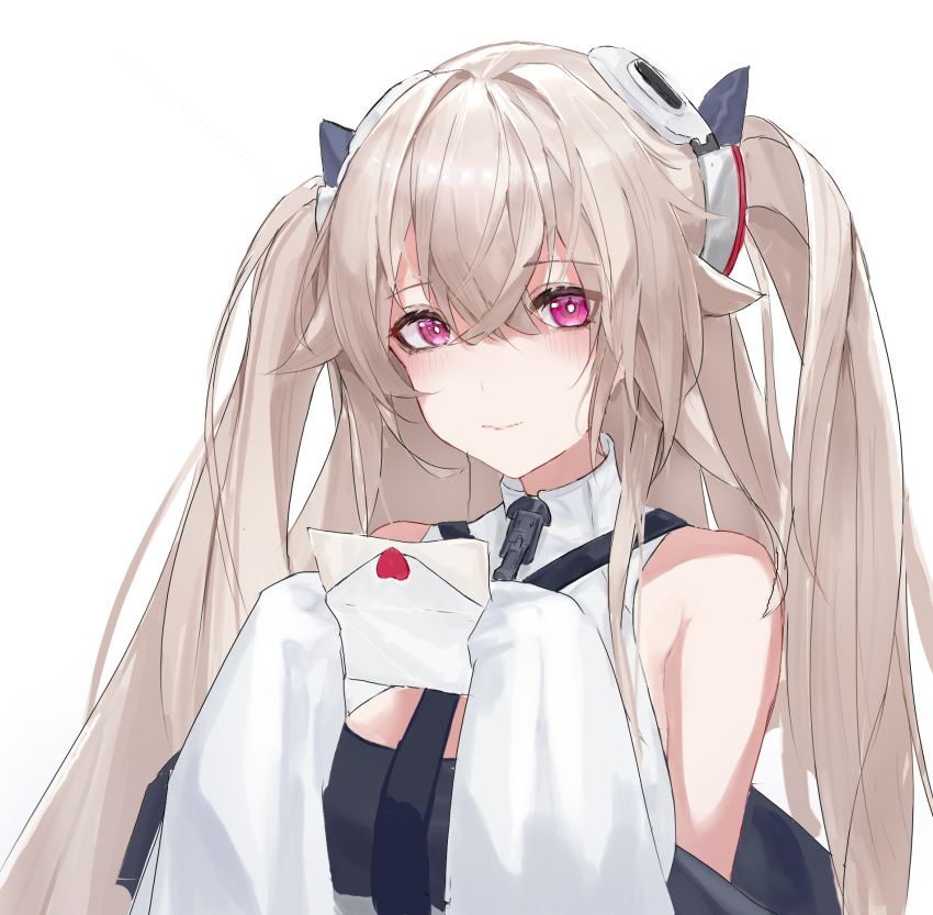 1girl anchorage_(azur_lane) azur_lane bangs blonde_hair blush breasts closed_mouth hair_ornament hairclip highres holding holding_letter letter lips long_hair looking_at_viewer lump_saury solo twintails two-tone_dress upper_body very_long_hair violet_eyes white_background