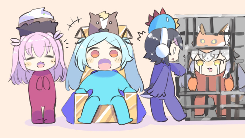 .live 4girls animal_costume animal_ear_fluff animal_ears black_hair blue_hair cage chair cosplay empty17033658 extra_ears grey_hair headphones highres himekuma_ribon humboldt_penguin_(kemono_friends) island_fox_(kemono_friends) kemono_friends kemono_friends_v_project kigurumi long_hair multiple_girls open_mouth orange_eyes pink_hair re:act short_hair simple_background tail virtual_youtuber yamato_iori yellow_eyes