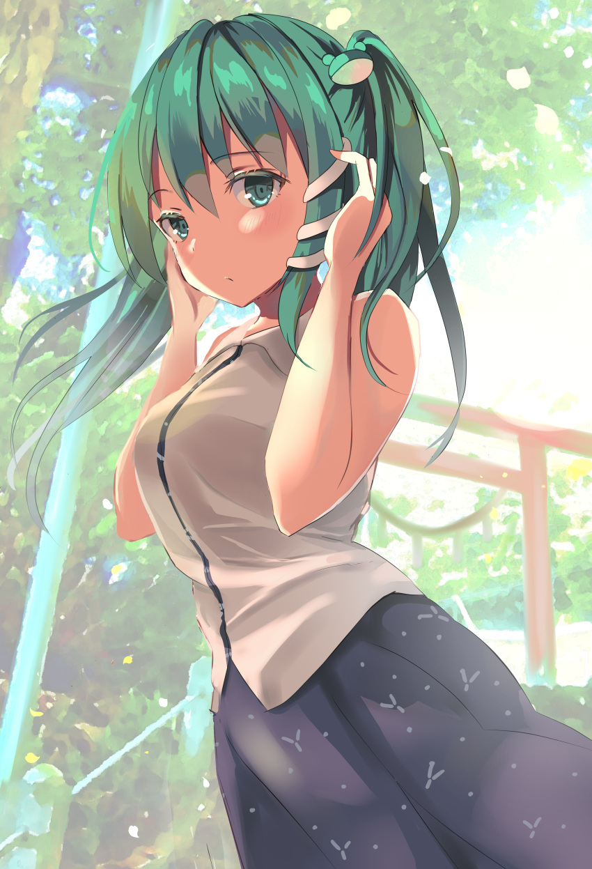 1girl absurdres alternate_hairstyle blue_eyes blue_skirt breasts closed_mouth collared_shirt day forest frog_hair_ornament green_eyes green_hair hair_ornament highres japanese_clothes kochiya_sanae long_hair looking_at_viewer medium_breasts miko nature outdoors shirt skirt sleeveless sleeveless_shirt snake_hair_ornament solo sunlight torii touhou tree twintails white_shirt yuzuki_risa