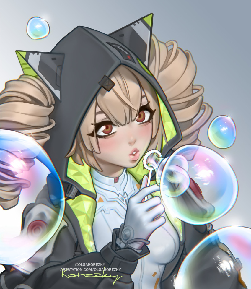 1girl animal_ears blonde_hair bodysuit bubble bubble_blowing drill_hair fake_animal_ears gloves highres hood hooded_jacket jacket olga_korezky shiro_(tower_of_fantasy) tower_of_fantasy twin_drills white_bodysuit