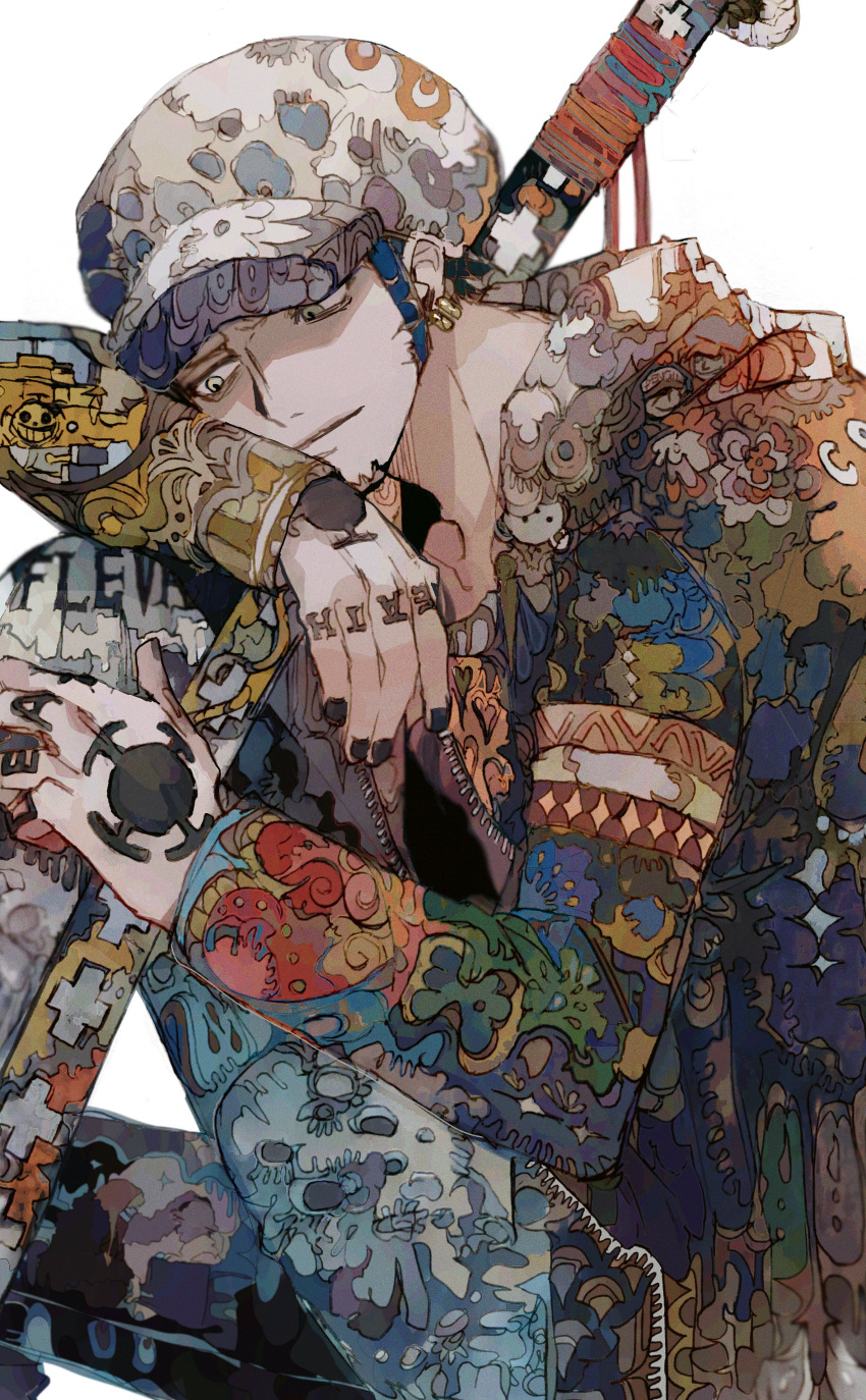 1boy absurdres bepo blue_hair coat donquixote_rocinante facial_hair grey_eyes hand_tattoo hat heart highres holding leaning_forward long_sleeves looking_to_the_side male_focus nail_polish object_hug one_piece open_clothes open_coat patterned_clothing penguin_(one_piece) shachi_(one_piece) sheath sheathed sitting solo submarine sword symbolism tattoo trafalgar_law watercraft weapon yadu_nadu