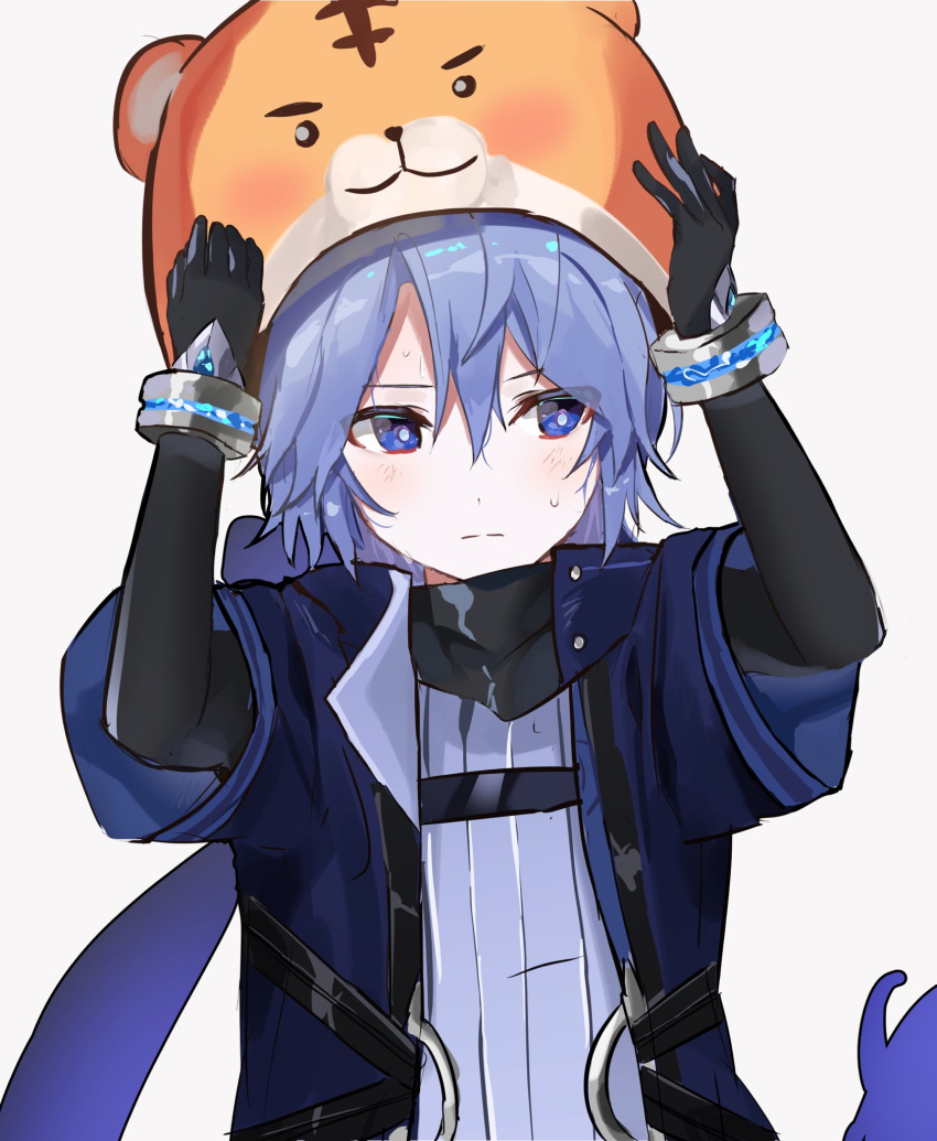 1boy animal_hat bangs black_gloves blue_eyes blue_jacket blush bracelet commentary_request elbow_gloves elsword gloves grey_background hair_between_eyes hat highres jacket jewelry korean_commentary looking_to_the_side male_focus noah_ebalon open_clothes open_jacket pba_471 purple_hair ribbed_shirt shirt short_hair short_sleeves silent_shadow_(elsword) simple_background solo sweat tiger_hat upper_body white_shirt