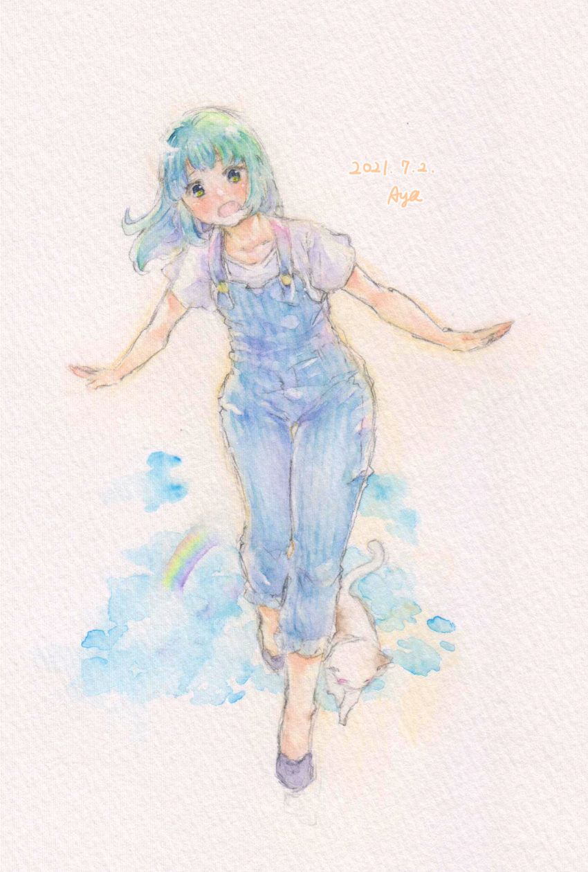 1girl aqua_hair blue_overalls cape collarbone dated dungarees full_body head_tilt highres looking_at_viewer medium_hair open_mouth original overalls rainbow shin1ar24 shirt short_sleeves traditional_media watercolor_pencil_(medium) white_cape white_shirt