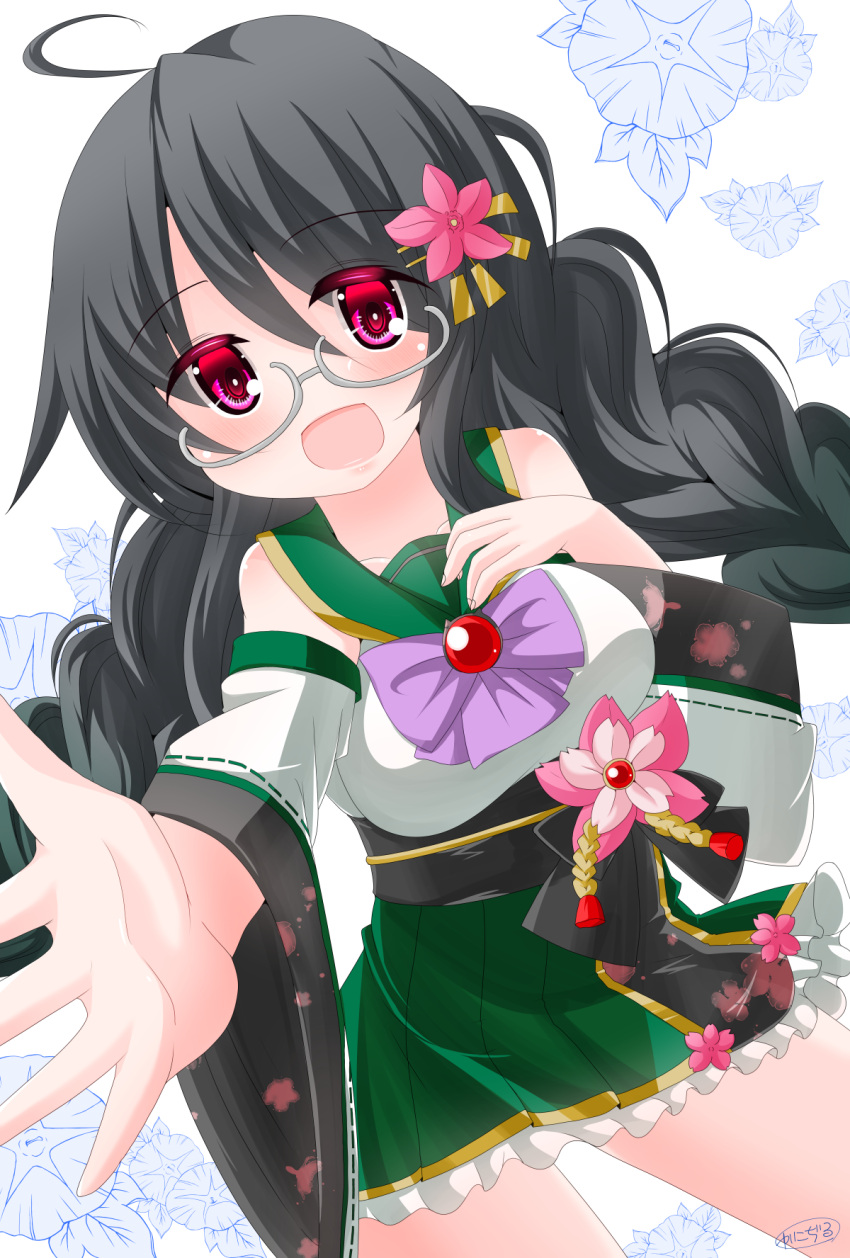 1girl bangs blush bow braid breasts commentary_request detached_sleeves floral_background flower frilled_skirt frills glasses green_sailor_collar green_skirt grey-framed_eyewear hair_between_eyes hair_flower hair_ornament highres kanijiru long_hair long_sleeves low_twintails medium_breasts obi onsen_musume outstretched_arm pink_flower pleated_skirt purple_bow ribbon-trimmed_sleeves ribbon_trim sailor_collar sash semi-rimless_eyewear shirt simple_background skirt sleeveless sleeveless_shirt solo twin_braids twintails under-rim_eyewear very_long_hair violet_eyes white_background white_shirt white_sleeves wide_sleeves