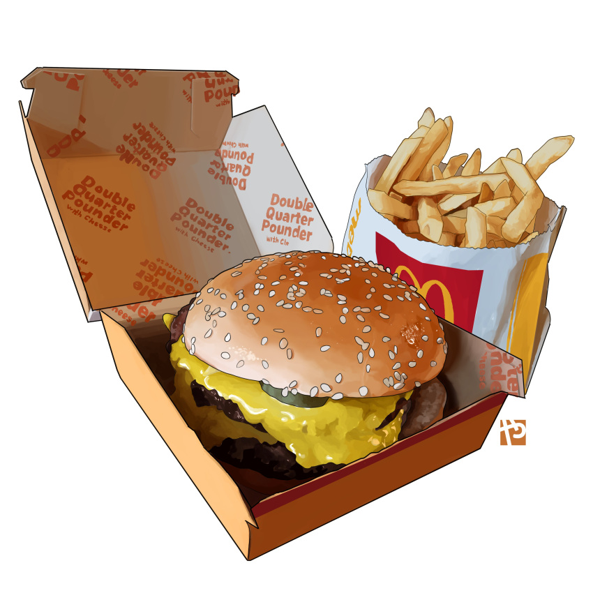 absurdres burger cheese commentary english_commentary food french_fries highres mcdonald's no_humans pickle sesame_seeds studiolg watermark white_background