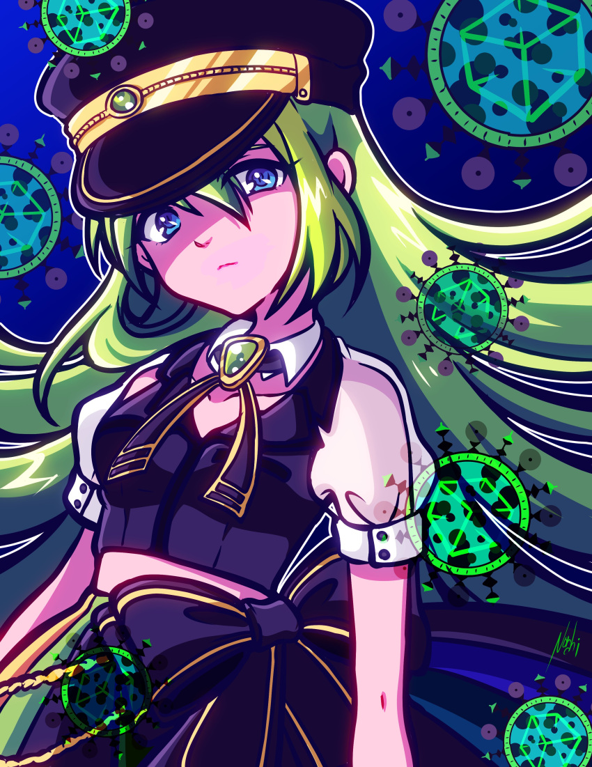 1girl absurdres alina_gray bangs black_bow black_headwear black_necktie black_vest bow brooch chain collar cross_tie detached_collar fur_cuffs gem green_gemstone green_hair hair_between_eyes hat highres jewelry lapels long_hair magia_record:_mahou_shoujo_madoka_magica_gaiden magical_girl mahou_shoujo_madoka_magica miniskirt multicolored_clothes multicolored_hair multicolored_skirt necktie nonchi_art notched_lapels peaked_cap pleated_skirt puffy_short_sleeves puffy_sleeves see-through see-through_sleeves short_sleeves sidelocks skirt sleeve_cuffs straight_hair streaked_hair striped striped_skirt v-neck vertical-striped_skirt vertical_stripes vest waist_bow white_collar white_sleeves