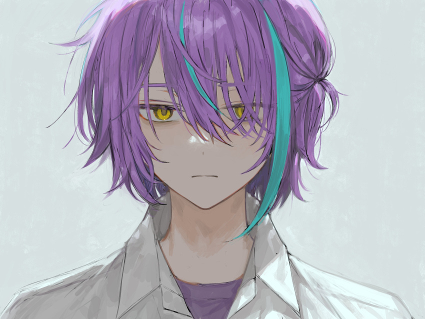 1boy absurdres aged_down blue_hair closed_mouth commentary_request empty_eyes fujishiro74 highres kamishiro_rui male_focus multicolored_hair one_side_up portrait project_sekai purple_hair purple_shirt shirt simple_background solo streaked_hair violet_eyes white_background white_shirt yellow_eyes