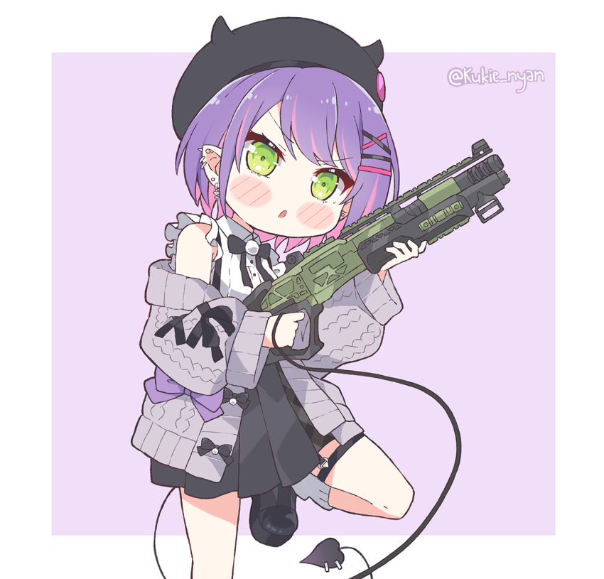 1girl apex_legends aran_sweater bangs beret black_headwear black_skirt blush_stickers cardigan chibi collared_shirt colored_inner_hair commentary demon_girl demon_tail ear_piercing english_commentary fake_horns frilled_shirt frills green_eyes grey_cardigan gun hair_ornament hairclip hat highres holding holding_gun holding_weapon hololive horned_headwear horns jirai_kei kukie-nyan loose_socks m1904_mastiff multicolored_hair multiple_piercings open_cardigan open_clothes piercing pink_hair purple_hair shirt skirt sleeveless sleeveless_shirt socks solo streaked_hair suspender_skirt suspenders sweater swept_bangs tail tail_ornament tail_piercing tokoyami_towa twitter_username v-shaped_eyebrows virtual_youtuber weapon white_shirt white_socks