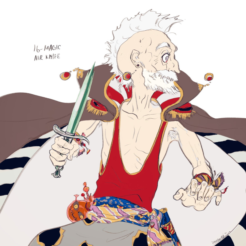 1boy armpit_hair bear cape earrings facial_hair final_fantasy final_fantasy_vi highres holding holding_knife holding_weapon jewelry knife mohawk mustache oju_(ouka) old old_man red_shirt sash shirt square_enix stragus_magus tank_top weapon white_hair