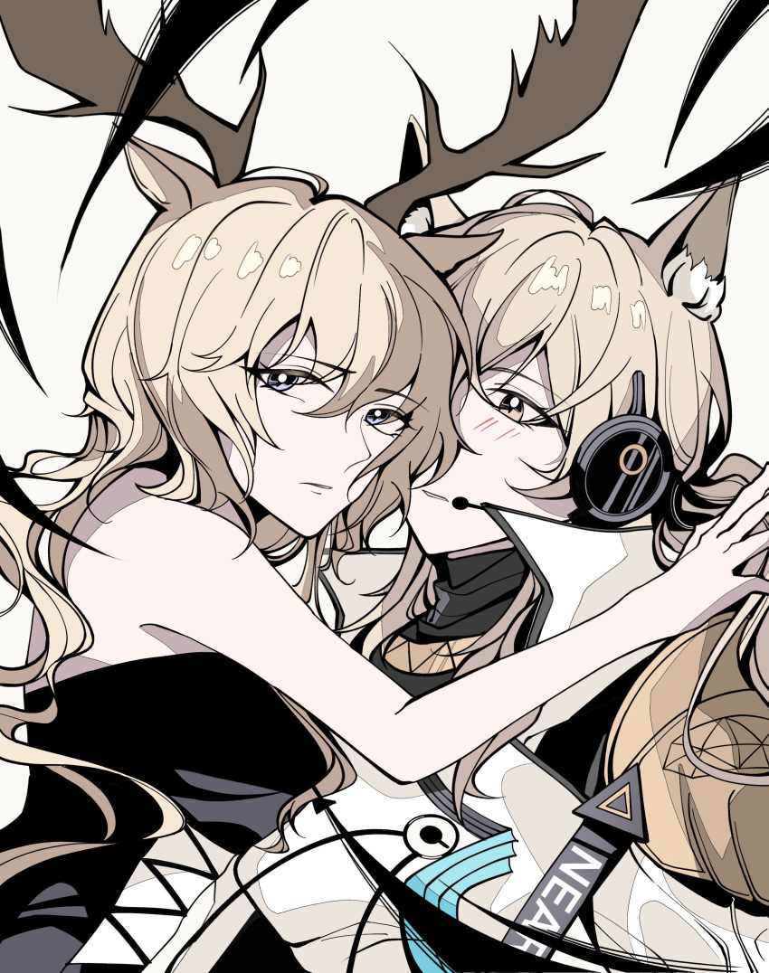 2girls absurdres animal_ears arknights armor blonde_hair blue_eyes blush chinese_commentary commentary_request deer_antlers deer_ears deer_girl hand_on_another's_shoulder highres horse_ears horse_girl hug implied_extra_ears long_hair looking_at_another looking_at_viewer multiple_girls name_tag nearl_(arknights) nearl_the_radiant_knight_(arknights) pauldrons shoulder_armor simple_background viviana_(arknights) white_background xiaopull yellow_eyes