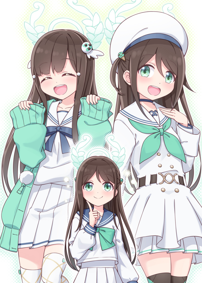 1girl :d ^_^ airi_(blue_archive) bangs beret black_thighhighs blue_archive blue_bow blue_sailor_collar bow brown_hair cardigan closed_eyes commentary_request dress facing_viewer food-themed_hair_ornament green_bow green_cardigan green_eyes green_neckerchief hair_ornament hand_up hands_up harada_(sansei_rain) hat highres ice_cream_hair_ornament index_finger_raised long_hair long_sleeves looking_at_viewer multiple_views neckerchief one_side_up open_cardigan open_clothes puffy_long_sleeves puffy_sleeves sailor_collar sailor_dress school_uniform serafuku shirt skirt sleeves_past_wrists smile thigh-highs very_long_hair white_dress white_headwear white_sailor_collar white_serafuku white_shirt white_skirt